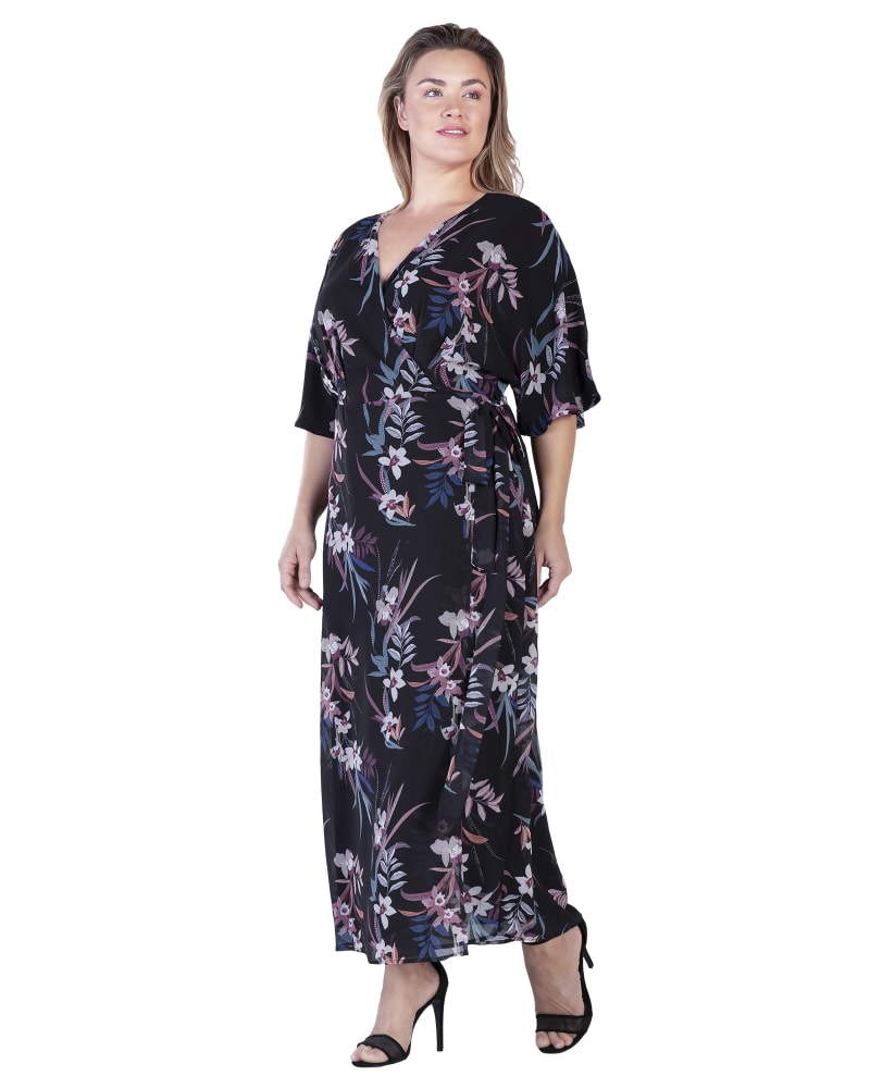 Front of a model wearing a size 1X Aubrey Kimono Wrap Maxi Dress in Black Tropical Floral by Standards & Practices. | dia_product_style_image_id:280643